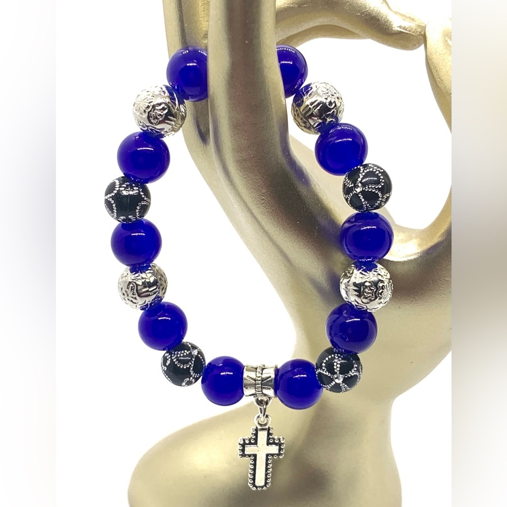 [Blue Indigo] Stretchy Elastic Fashionable Beaded Bracelet With Cross Charm